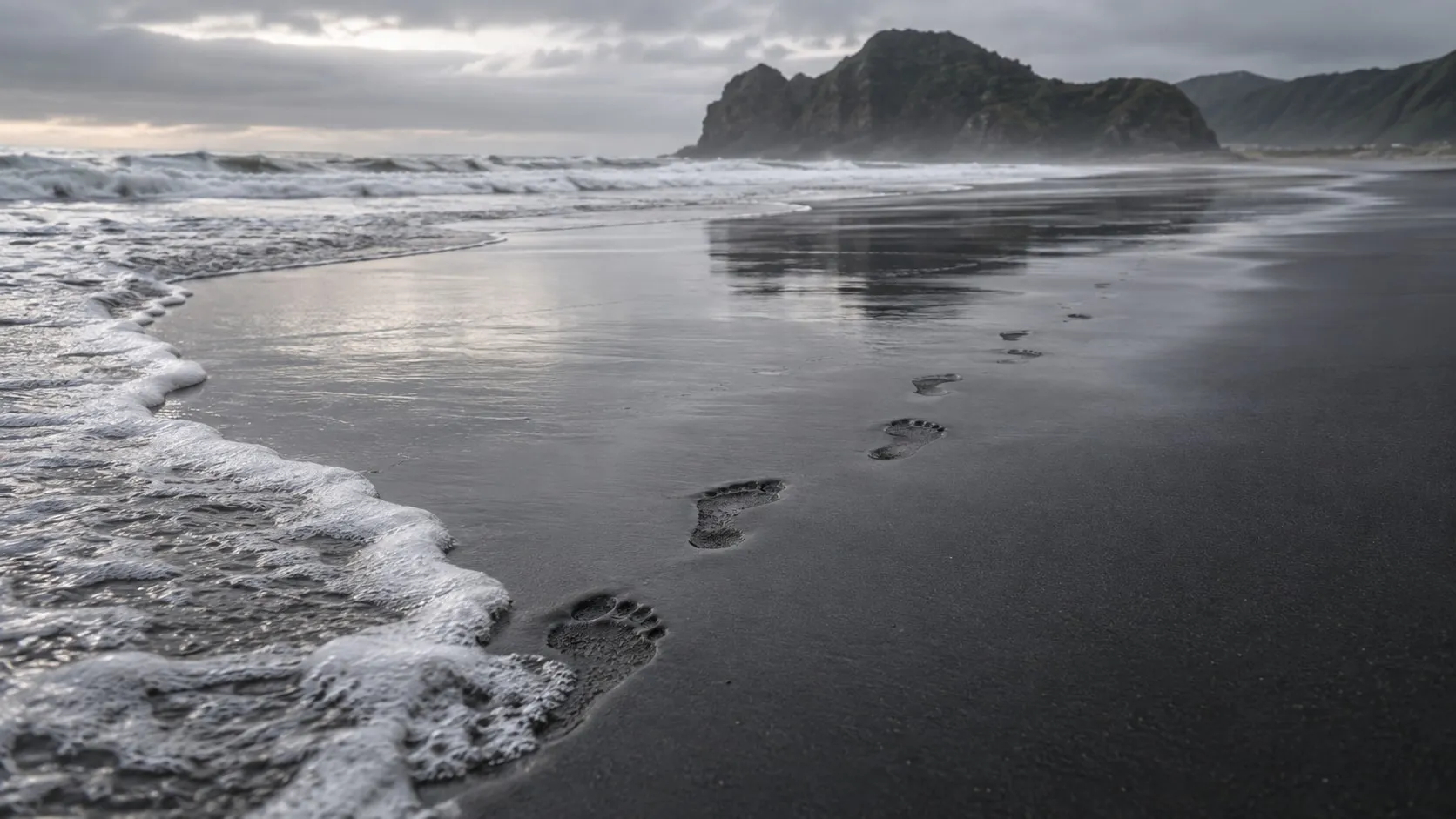 Surf running up a black sand beach over a line of footprints, with a bush-covered headland under grey cloud.