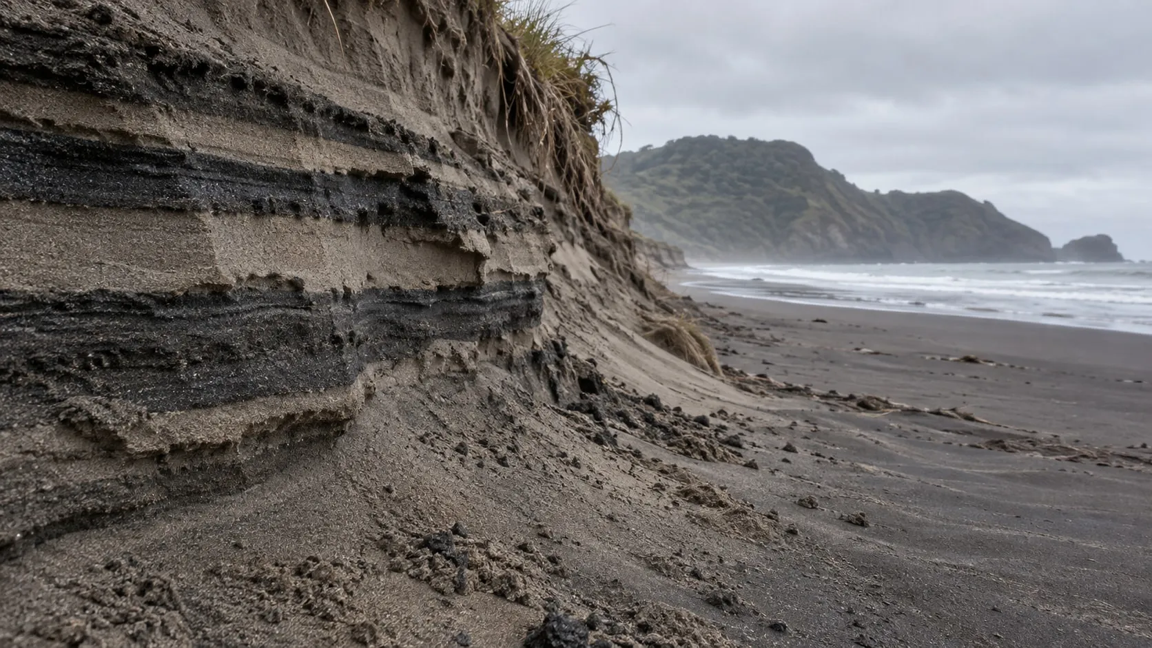 A grass-topped sand bank with dark and pale layers, above a black sand beach with surf and a bush-covered headland beyond.