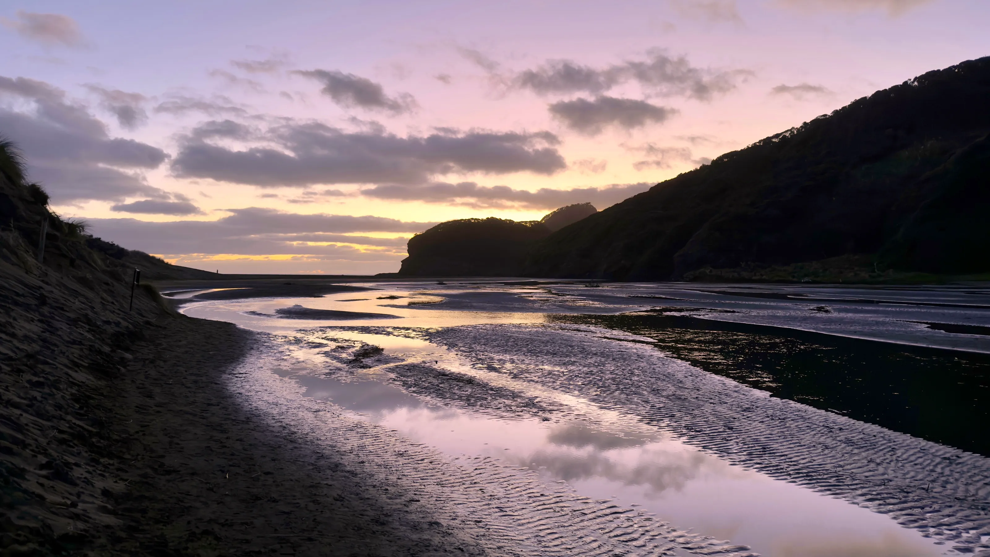 Low tide at Te Henga, Bethells Beach. Tidal channels cut through black sand below a dune face, with the headland in silhouette at dusk.