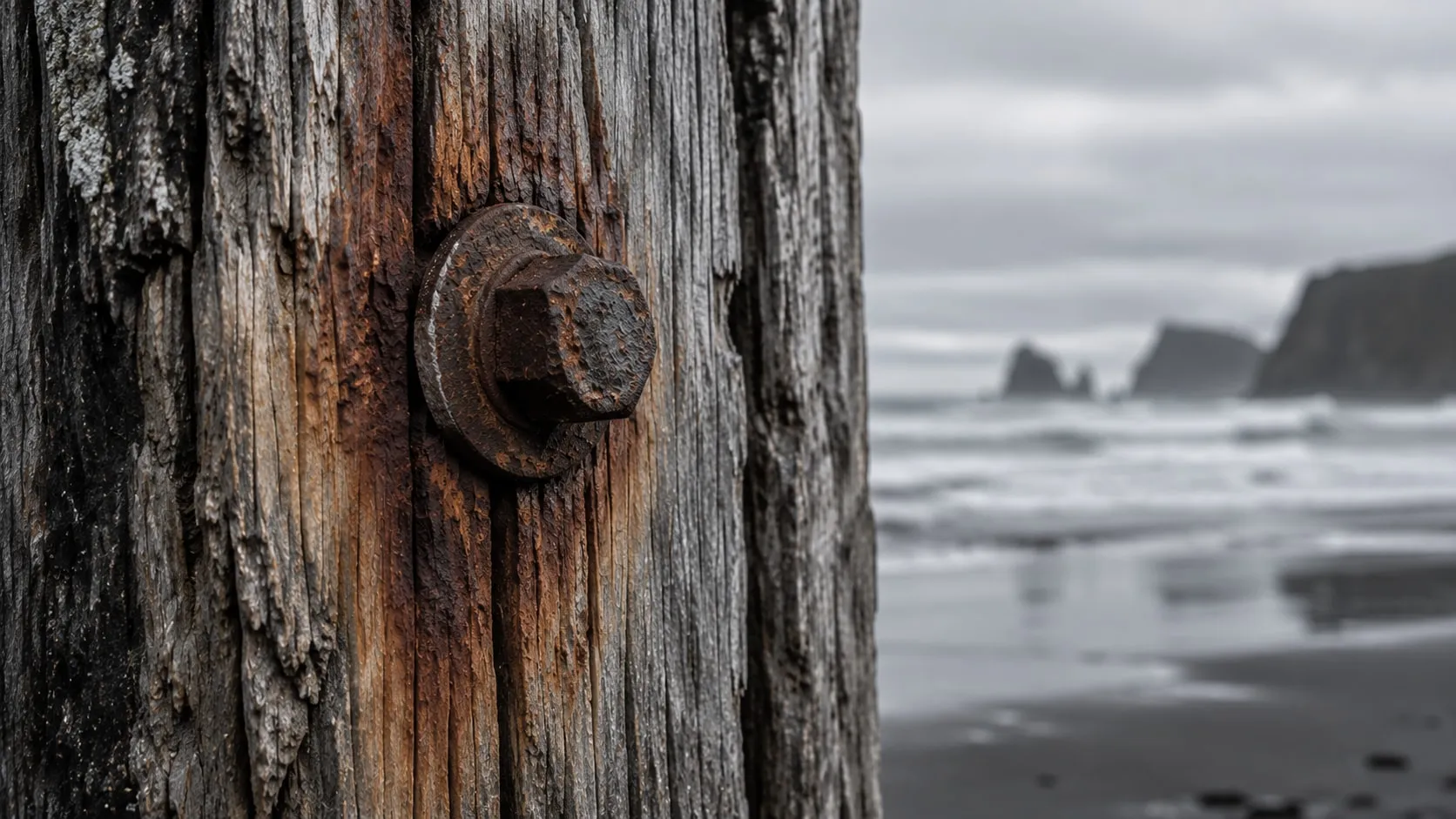 A rusted bolt set into a weathered timber post, with grey surf and a black sand beach out of focus behind.